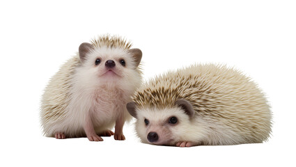 Two adorable baby hedgehogs with brown and beige spines close together © Federica