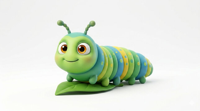 Cute 3D caterpillar character on a green leaf isolated on white background, Adorable colorful cartoon caterpillar 3D render illustration, Friendly green and blue caterpillar mascot with big eyes.