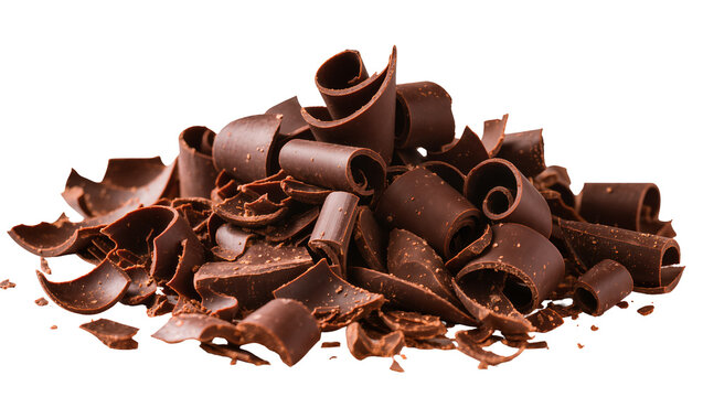 Dark chocolate curls and shards scattered in a pile