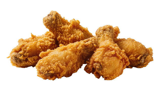 Crispy golden fried chicken drumsticks and thighs pile