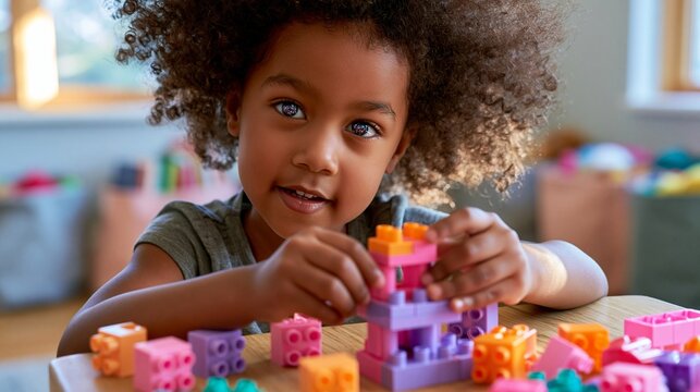 Fr&ouml;hliches schwarzes M&auml;dchen mit Afro-Haar baut l&auml;chelnd mit bunten Bausteinen an einem Tisch in einem hellen Kinderzimmer.