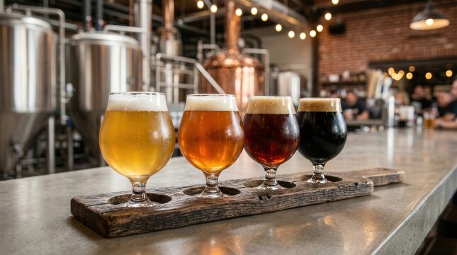 Craft beer flight tasting sampler with four different ales on a wooden board in a modern brewery taproom.