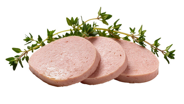 Sliced cooked ham with fresh green thyme sprigs