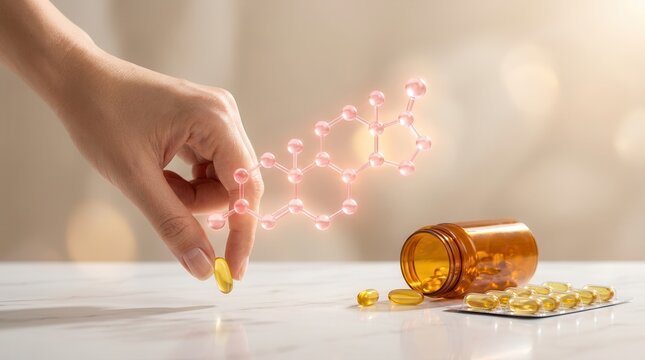 A hand picking a pill from a spilled medicine bottle with a hormone molecule model for HRT.