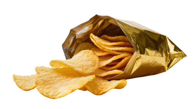 Open Gold Foil Pouch Overflowing with Crispy Potato Chips