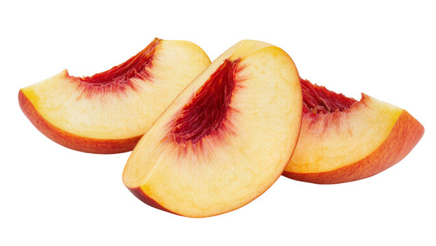 Ripe juicy peach slices with red flesh and fuzzy skin
