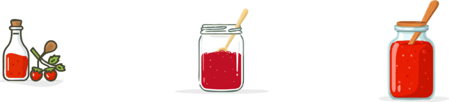 A clear glass bottle filled with red homemade strawberry jam, accompanied by a small wooden spoon and two fresh strawberries, is depicted in a minimalist flat vector illustration style on a clean