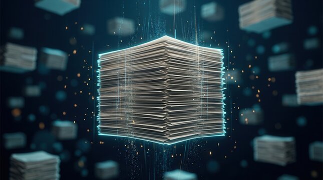 Stack of document bundles with digital particle overlay for regulatory compliance and data governance.