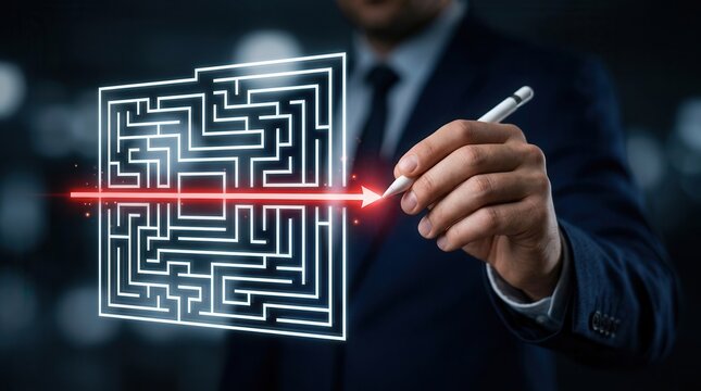 Business man finding a simple easy fast solution to a complex labyrinth maze.
