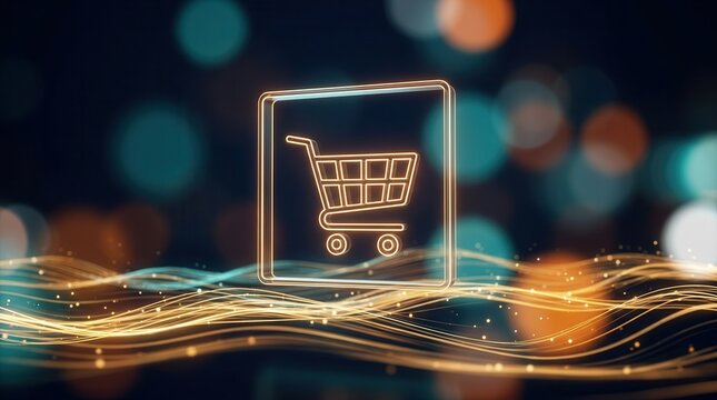 Abstract digital illustration of a shopping cart icon over a glowing data stream for customer behavior analytics.