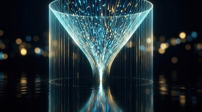 Futuristic data funnel visualizing conversion optimization with glowing particle streams.