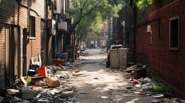 A cluttered, neglected urban alleyway filled with trash and discarded items under bright daylight