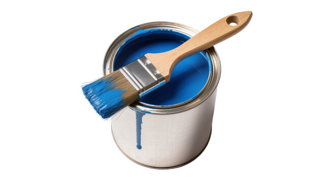 Open Blue Paint Can with Bristle Brush Resting Inside