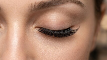 Naklejka premium Close-up of a closed eye showing full lash cluster eyelash extensions with length and curl.