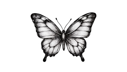 Detailed black and white drawing of a butterfly with patterned wings © Federica