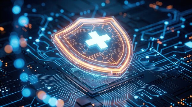 Glowing medical shield with a cross symbol on a digital circuit background.