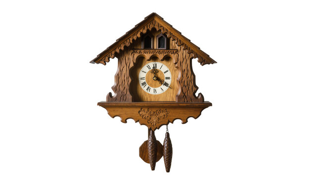 Rustic wooden cuckoo clock with pendulum and Roman numerals