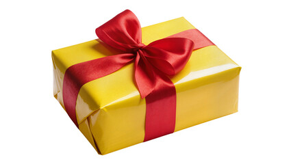 Obraz premium Yellow Gift Box Wrapped with Bright Red Satin Ribbon Bow