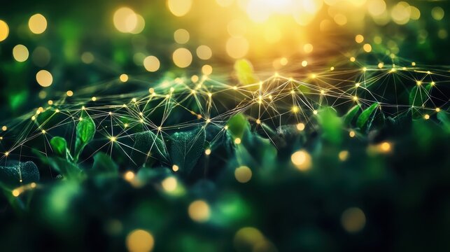 Abstract Network Connections Overlaying Lush Greenery with Golden Sunlight, Representing Future Agricultural Technology and Data-Driven Precision Farming