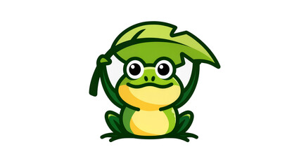 Fototapeta premium Green Cartoon Frog with Leaf Umbrella and Yellow Belly