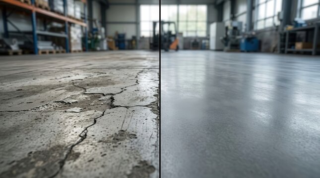 Before-and-after comparison of uneven cracked concrete floor showing damaged slab and repaired smooth surface.