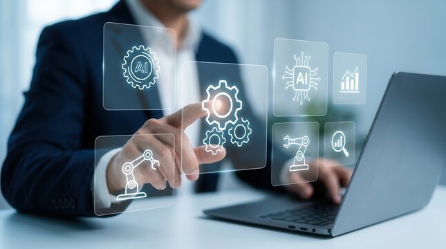 Robotic process automation and AI technology enabling automated business tasks for digital transformation.