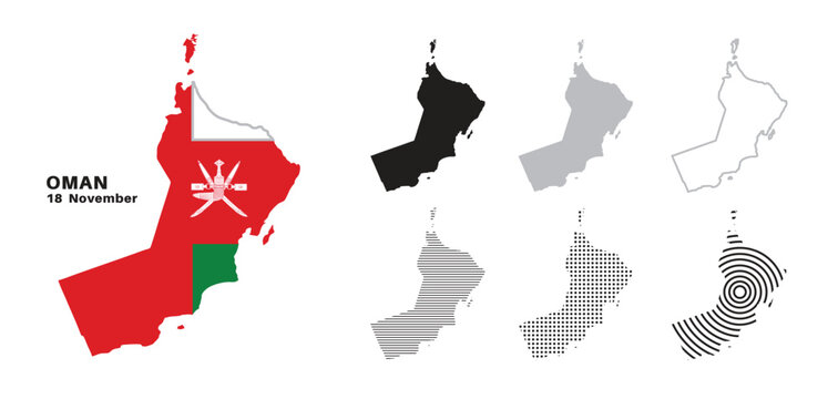  Set of isolated oman maps. oman flag overlaid with flag proportions. Maps and traveling around the world