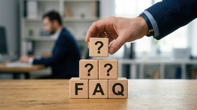 Hand placing wooden blocks with FAQ and question marks for frequently asked questions concept.