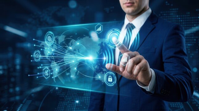 Businessman using a mobile smartphone with 5G connectivity and wireless networks.