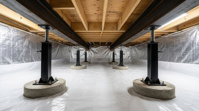 Steel support jacks and concrete pads installed for foundation repair in a crawl space.