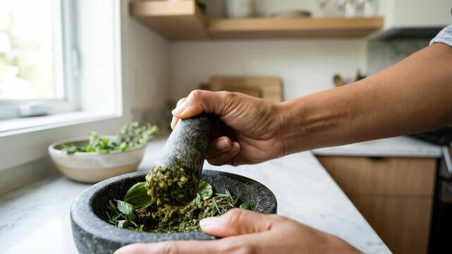 A person crushing fresh green herbs in a stone mortar and pestle in a home kitchen.