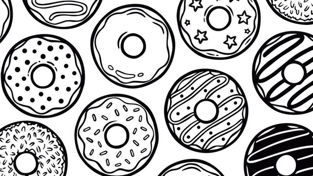 Looping footage of assorted donut outlines arranged in a seamless pattern on a light background. Smooth motion and clean lines create a modern food-themed visual for ads, branding, and menus.
