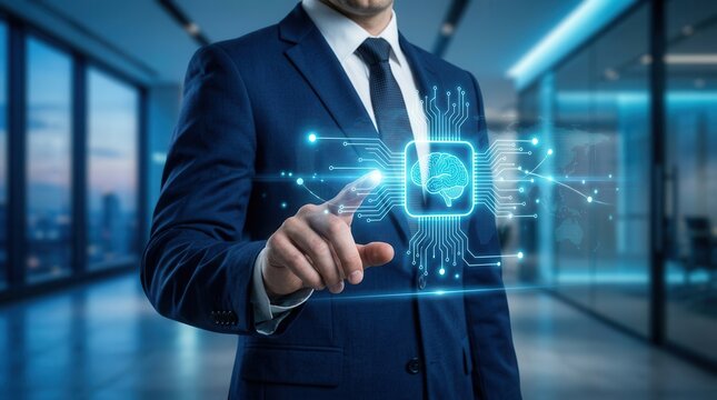 Businessman interacting with machine learning and predictive analytics algorithms via a digital interface.