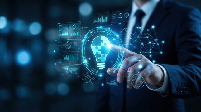 Businessman touching digital business solutions for networking and system integration.