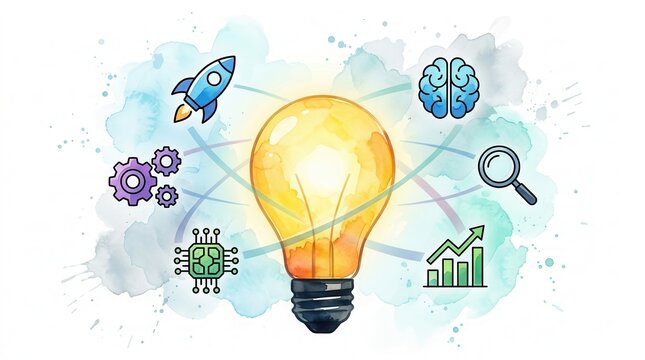 Creative lightbulb with innovation icons including rocket, gears, charts and hexagonal patterns on watercolor background.