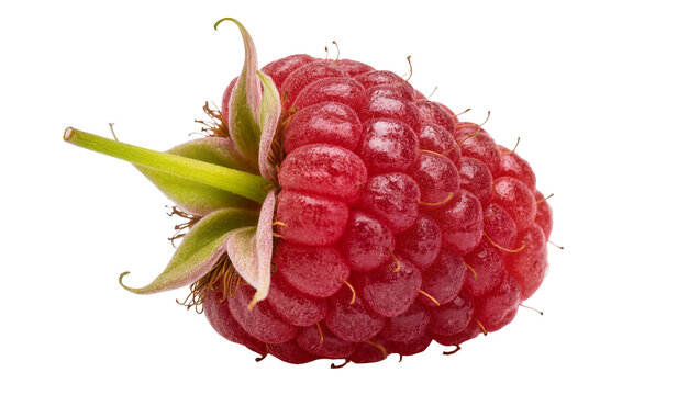 Ripe juicy raspberry with green stem and calyx close-up