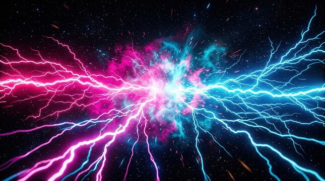 Vibrant pink and blue lightning bolts colliding with cosmic energy in deep space.