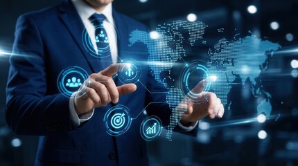 Obraz premium Businessman using smartphone and organizational tools for leadership and data team management.