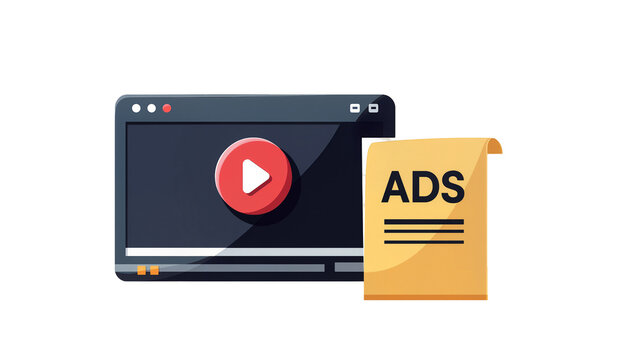 Digital video player with play button and advertisement scroll