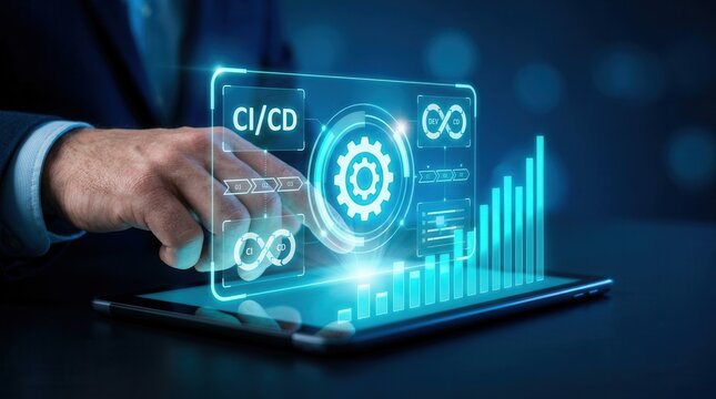 Businessmen analyzing DevOps and deployment data on a digital tablet.