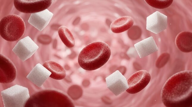 Red blood cells and sugar cubes illustrating diabetes education and blood glucose levels.