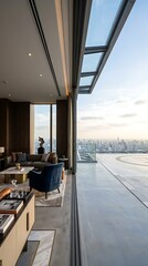Obraz premium Luxury penthouse living room with panoramic city skyline view expansive terrace and modern interior design elegant furniture and natural light