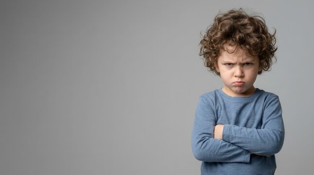 An angry little boy with a furious expression stands with arms crossed against a plain background.