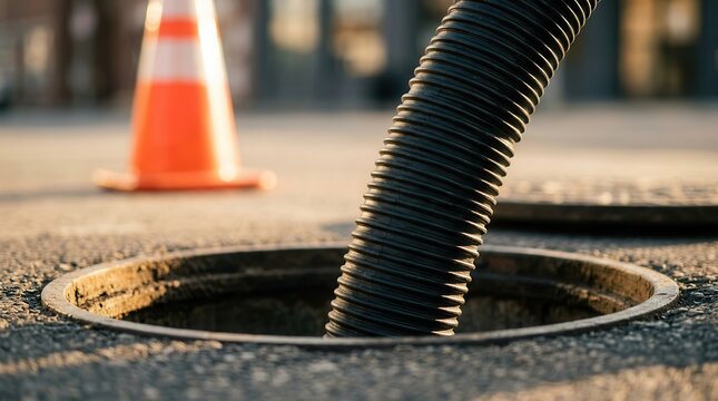 Flexible inspection camera hose being fed into a street sewer manhole for pipeline inspection and drain cleaning.