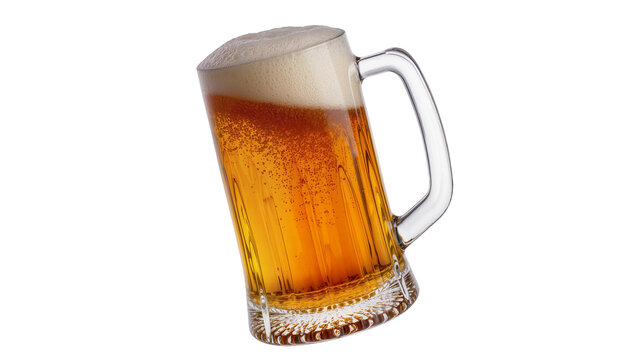 Frothy amber beer in clear glass mug with handle