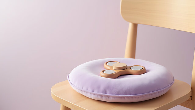 Fidget spinner on soft purple cushion placed on wooden chair  