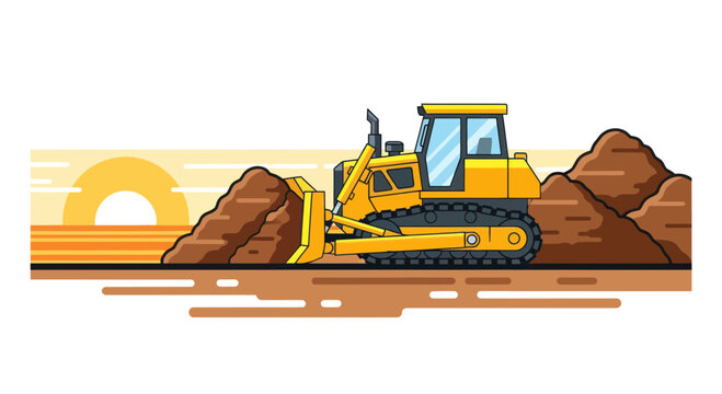 Yellow bulldozer working on a construction site with dirt piles and sunset.