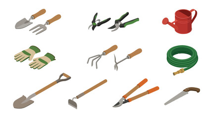 Isometric flat vector artwork of gardening tools organized in a tidy layout, white background, simple style, no outline. © Haris Lost