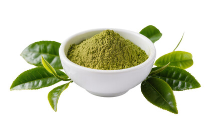 Green Matcha Powder in White Ceramic Bowl with Fresh Tea Leaves © Stefan