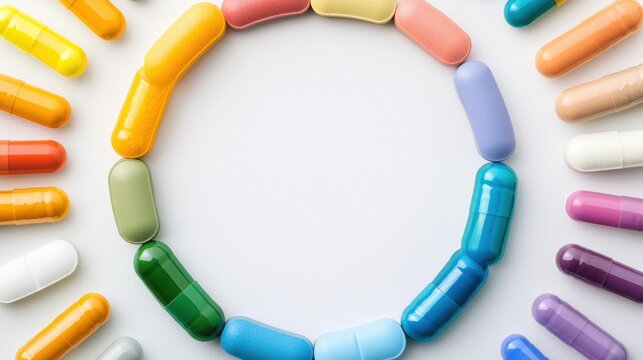 Vitamin Capsule and Pill Colorful capsules and tablets arranged in a circle, white background, showcases variety and daily health essentials